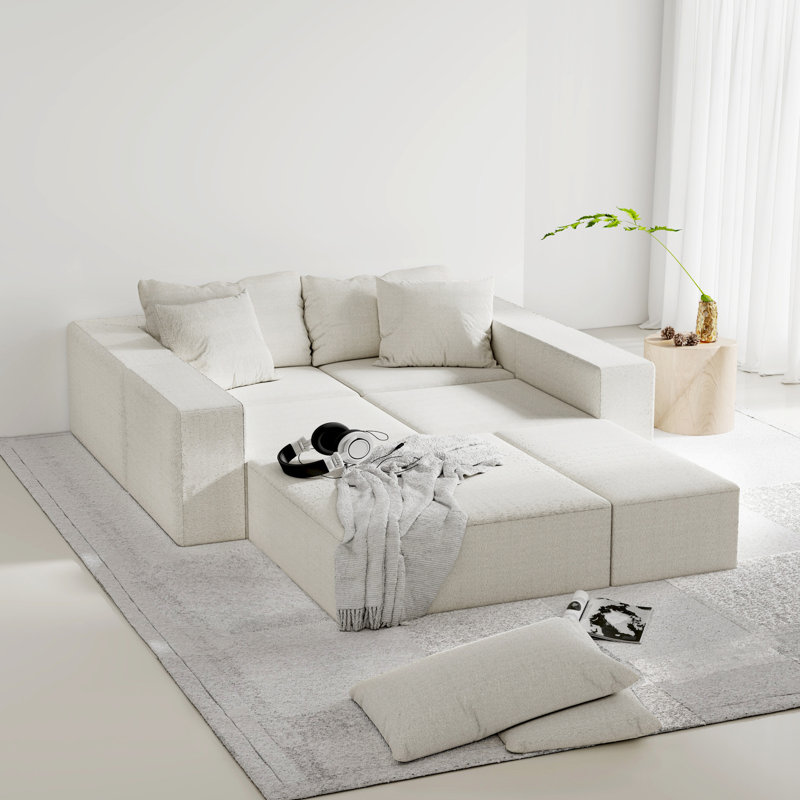 Canapé modulaire en L beige - revêtement en chenille, 6 coussins, combinaison pour le salon, la chambre à coucher, combinaison de canapé de chambre moderne, moderne, mousse douce