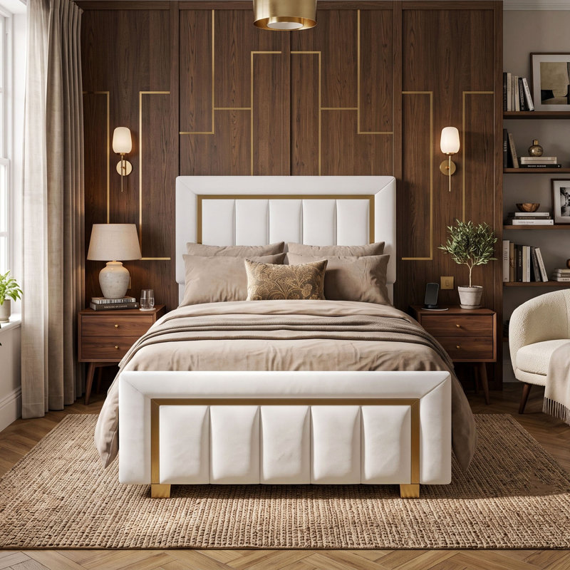 UK & EU Velvet Ottoman Bed with Fluted Gold-Trim Headboard, Luxury Gas-Lift Storage Bed, Beige/Black, Single (3'), Beige