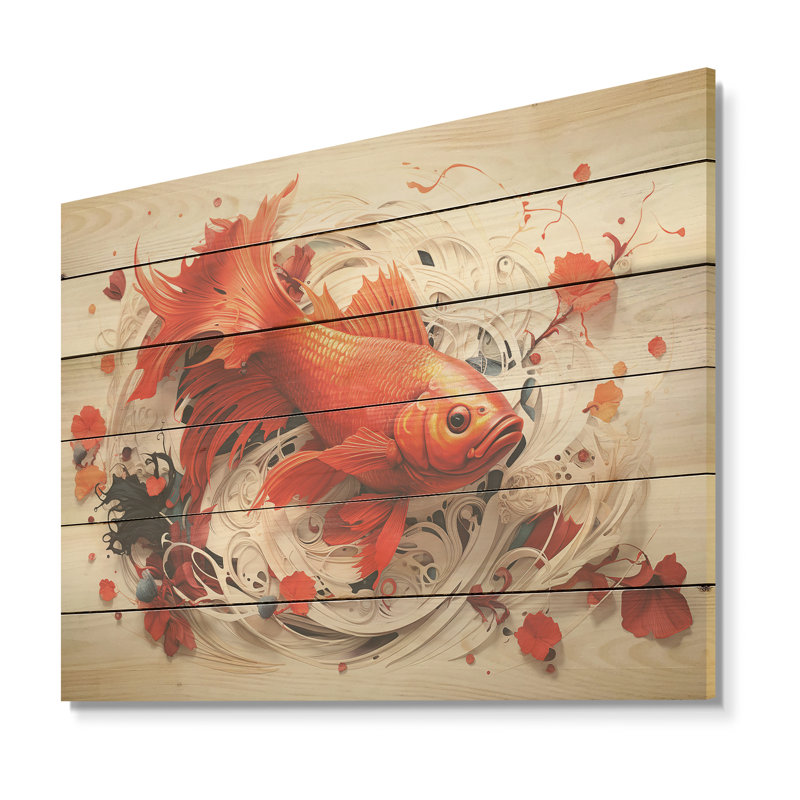 Kois poisson qui nage avec sérénité - art mural en bois Kois Fish sur bois de pin naturel, H 24 po x l 32 po