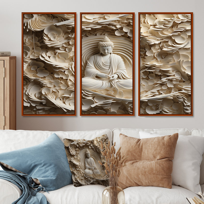 Simple bouddhisme statue I - ensemble d'art mural sur toile bouddhisme, H 28 po x l 36 po, Cadre flottant brun