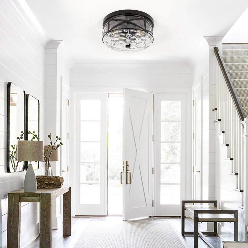 Alixandra 2-Light Flush Mount Glass Ceiling Light with Metal Frame, Matte Black, 11.81" L x 11.81" W x 5.9" H