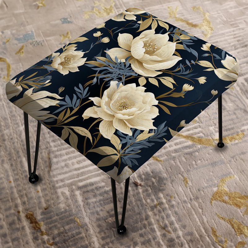Industrial Ivory & Blue Fusion Floral Pattern I - Floral Rectangle Ottoman