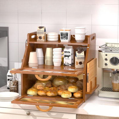 Bread Box,Large Bread Storage Container,Wooden Farmhouse Breadbox Organizers, Double Layer Bread Bin With Acrylic Window Bread Holder,(Vintage)