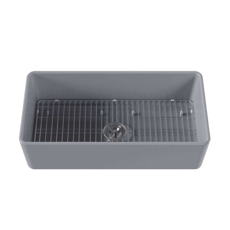 Grove 33" L X 18" W Rectangular Single Bowl Fireclay Farmhouse Kitchen Sink with Grid and Strainer, Gray