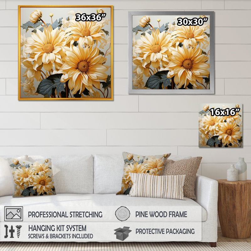 Tournesols gris et jaunes doux - impression, Cadre simple blanc, H 36 po x l 36 po x P 1,5 po