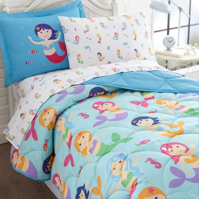 Wildkin Twin Bed in a Bag – 5-Piece Microfiber Bedding Set with Comforter, Pillowcase & Sheets - Mermaids 