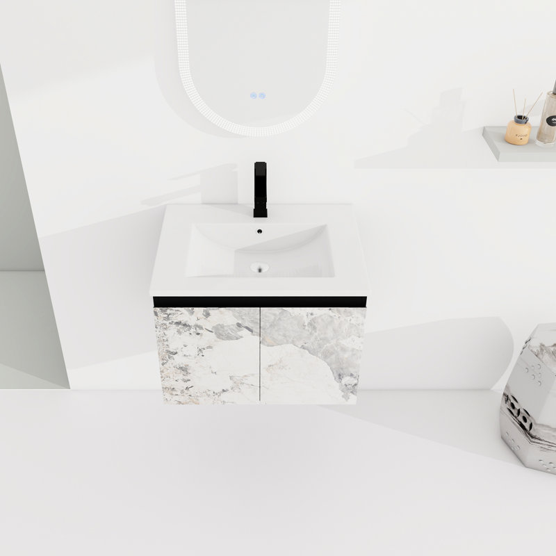 24'' Bathroom Vanity Wall Mounted. Ceramics Sink & Soft-Close Door. Black. Modern. Plywood. Profuse Space For Appliances In Bountiful Accessories