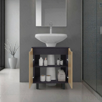 Armoire sous le lavabo avec deux portes et tablettes de rangement intérieures Marlo, arrière ajouré, 22 po de largeur, rangement de salle de bain moderne, noir, chêne naturel