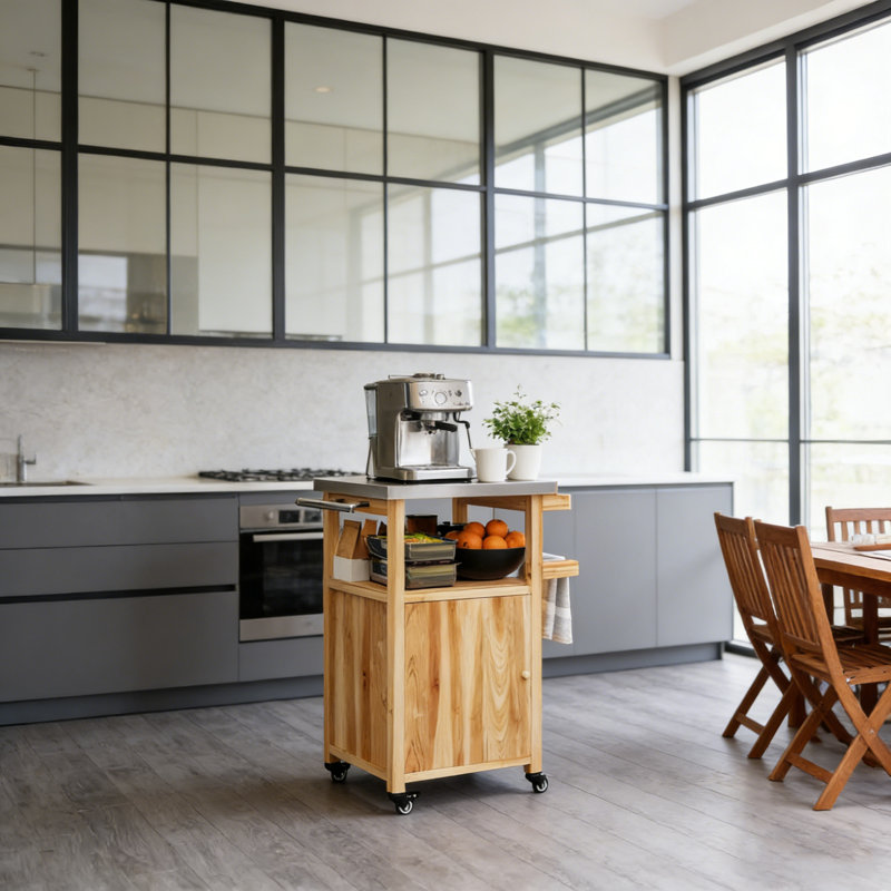 Wood Outdoor Kitchen Island with Stainless Steel Top, Wheels, and Integrated Gas Line Hole for Versatile Grilling and Serving.