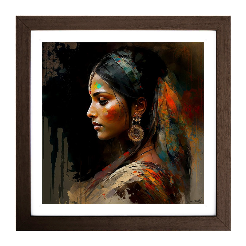 Indian Woman Abstract Art No.1 - Single Picture Frame Print on Wood, Walnut