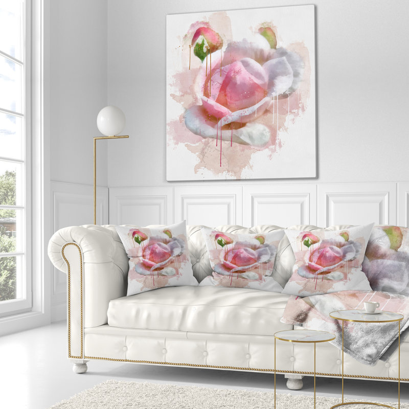 Fleur rose rose avec éclaboussures de peinture - coussin imprimé floral, 16 po x 1 po, Coussin décoratif