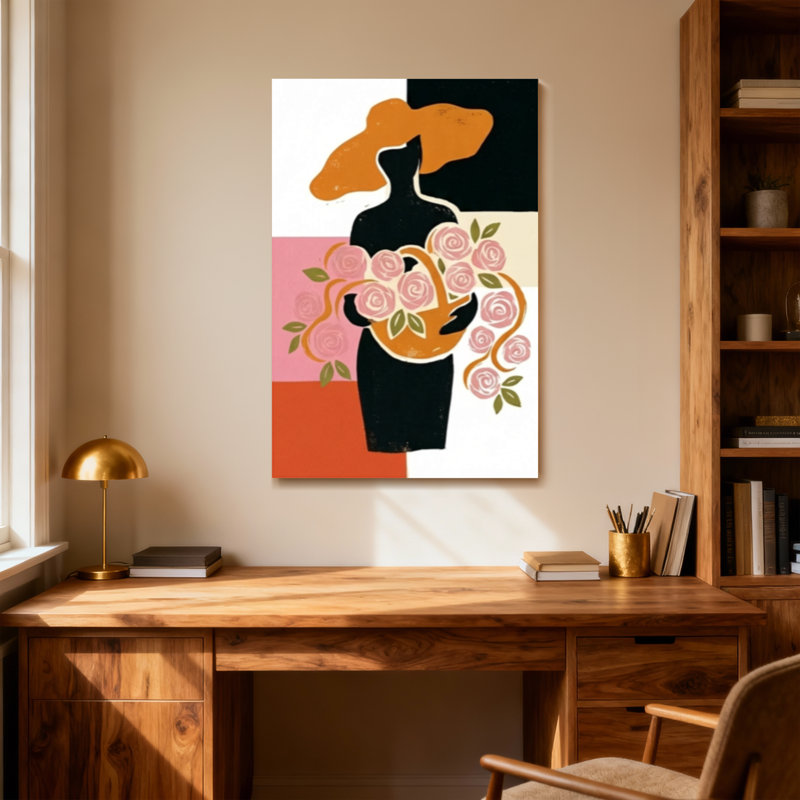 Plantes et fleurs, femme abstraite tenant un motif de roses, 28" H x 40" W