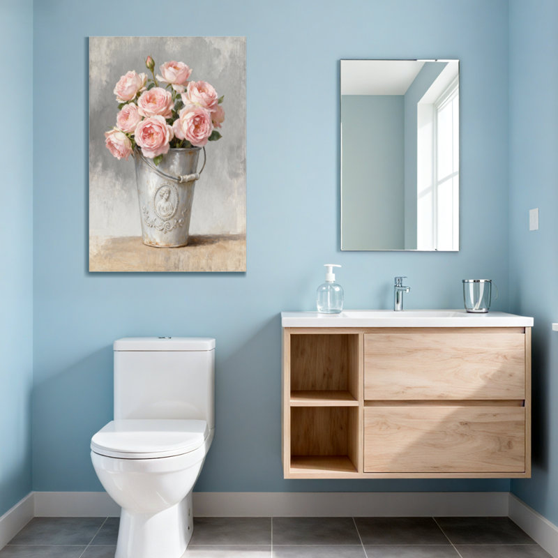 Plantes et fleurs roses dans un seau rétro sur toile, H 40 po x l 28 po