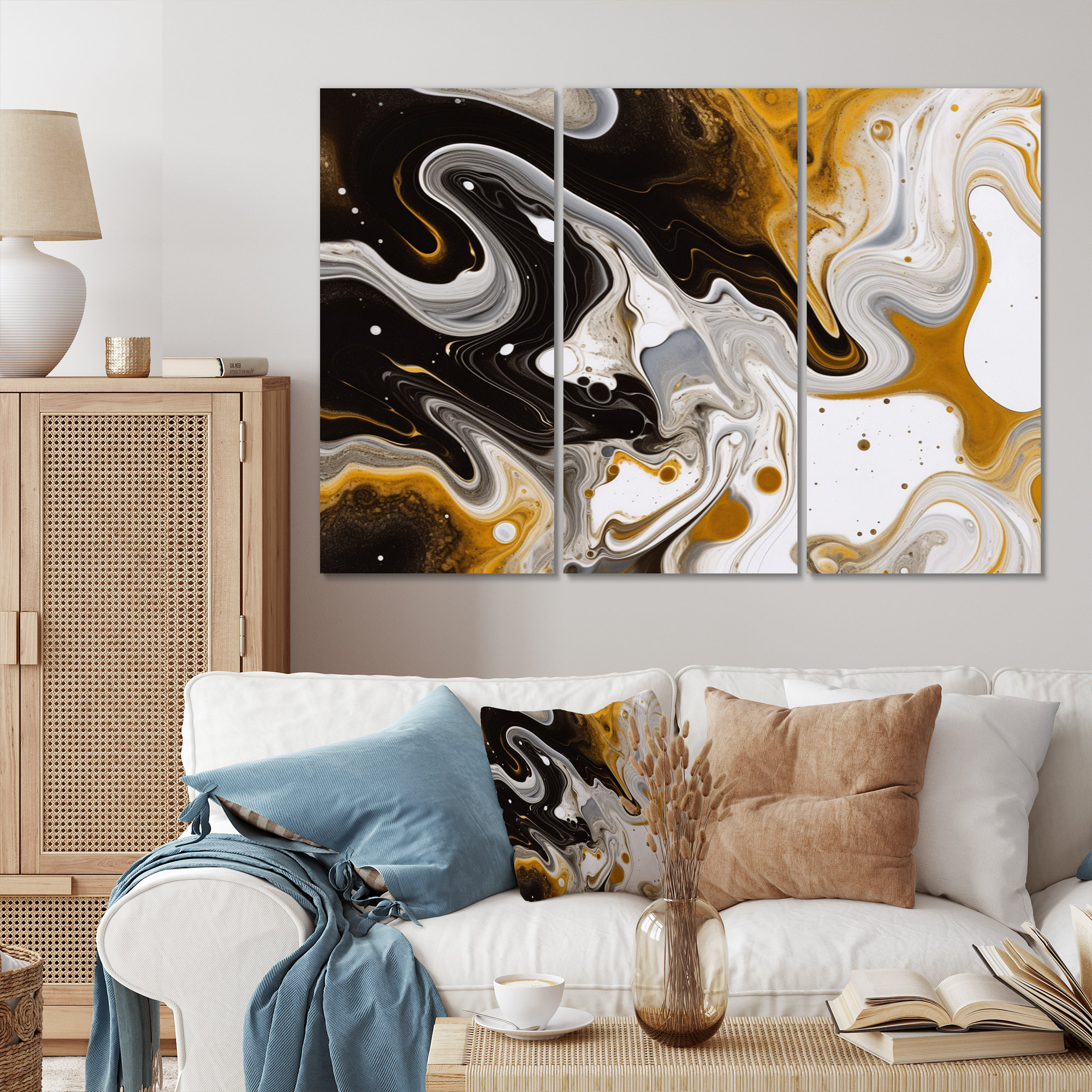 Mercer41 Gold And Black Marble Waves V On Metal 3 Pieces Print | Wayfair