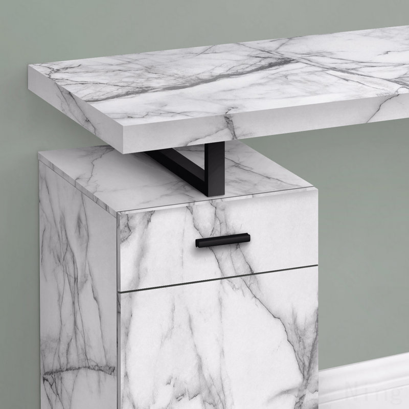 Bureau d'ordinateur, bureau personnel, ordinateur portable, installation à gauche, à droite, tiroirs de rangement, L 48 po, bureau, stratifié aspect marbre blanc, métal noir, contemporain, moderne