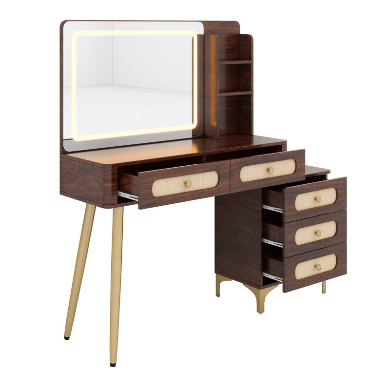 Coiffeuse de maquillage rétro avec miroir éclairé, tiroirs et tablette de rangement, Natural