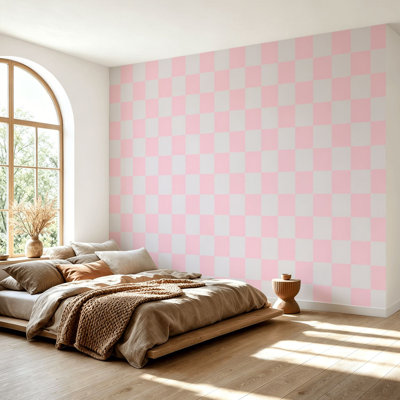 Wall Mural Peel and Stick Wallpaper Pink White Checkerboard Soft Pastel Geometric Squares Self-Adhesive Removable Contact Paper Wall Decor for Living Room Bedroom 69"H x 96"W