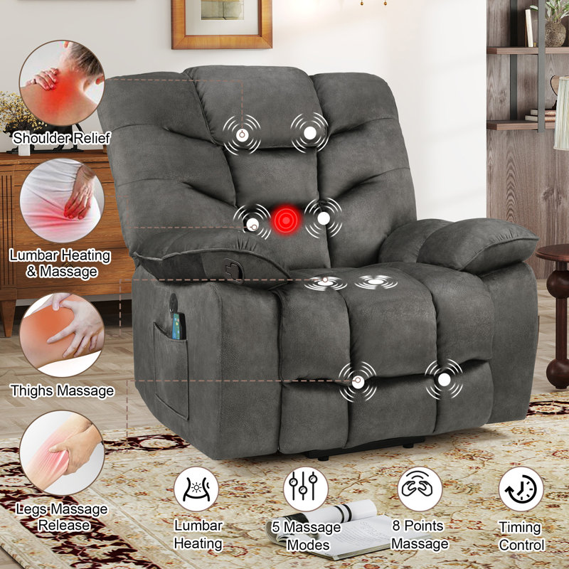 Naimah 43.3'' Wide Power Lift Assist Recliner with Heat, Massage & USB/Type-C Ports – Microfiber Upholstery, Charcoal Gray