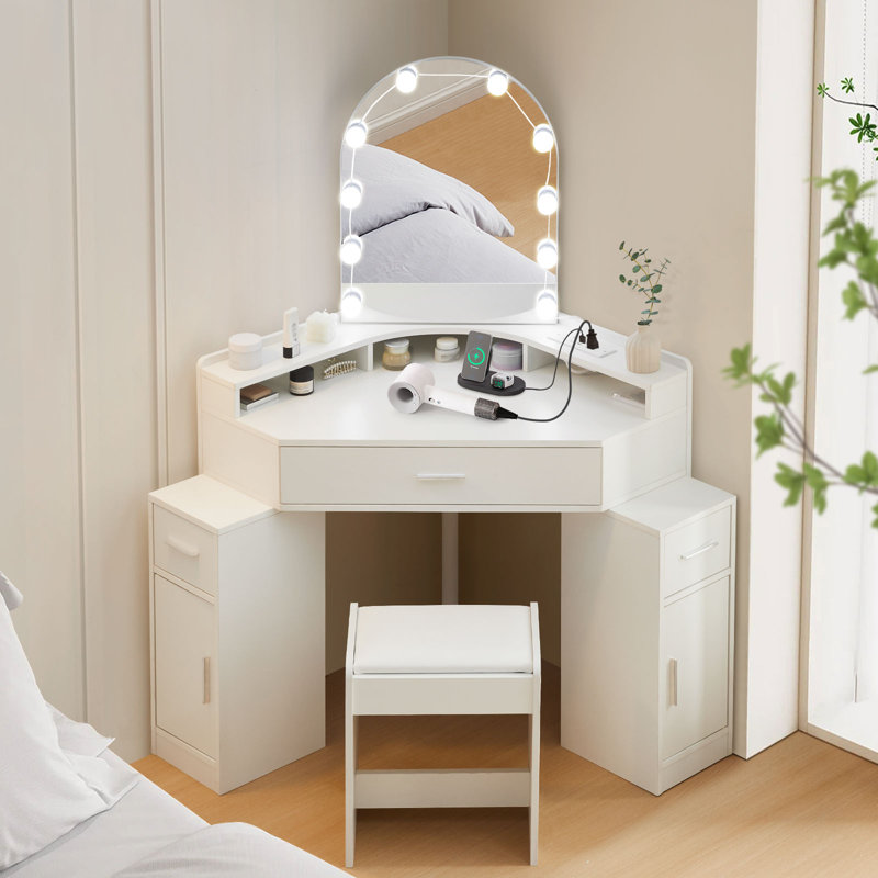 Corner Dressing Table with Stool, Makeup Vanity Desk with Charging Socket and LED Mirror