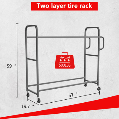 Support à pneus roulant – Support de rangement et porte-pneus robuste en métal de 145 cm (57 po) de long, avec 4 roues verrouillables et poignée auxiliaire, capacité de 227 kg (500 lb).
