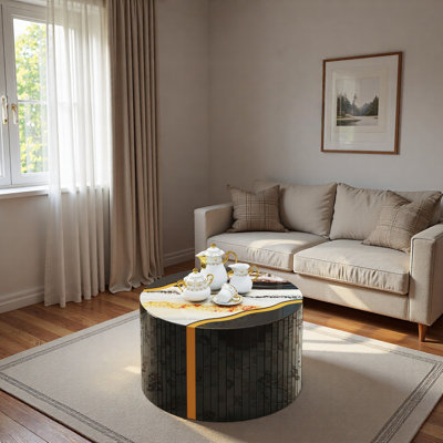 Cylindrical Coffee Table With Mirrored Glass, Marble Pattern And Gold Powder Decoration