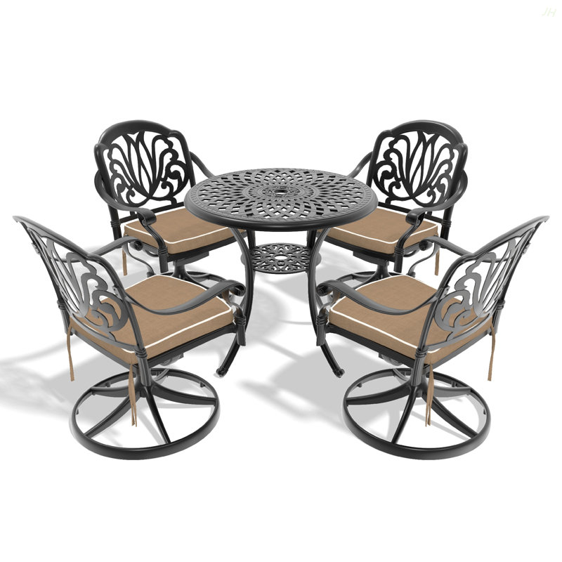 Ensemble de salle à manger 5 pièces en aluminium coulé résistant aux intempéries, comprenant 4 chaises pivotantes et une table ronde de 30,71 po avec structure noire