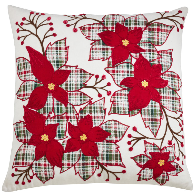 Red Plaid Poinsettia Down Filled Holiday Pillow, 20" Square