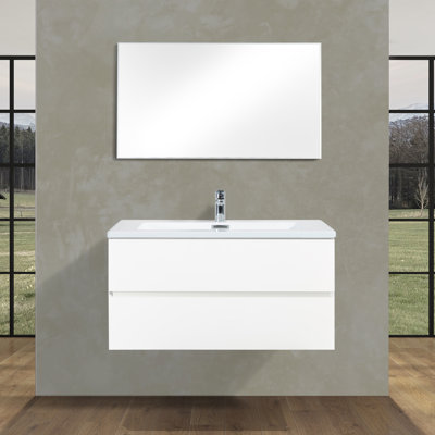 Villano 40-inch W x 19-inch D 2-Drawer Wall-Mounted Bathroom Vanity with Single Sink and White Polymarble Countertop