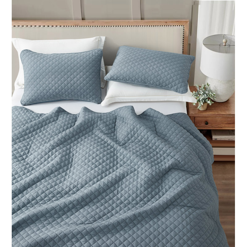 Teo Diamond Stitch Microfiber Quilt Set, Queen Quilt + 2 Standard Shams, Dusty Blue
