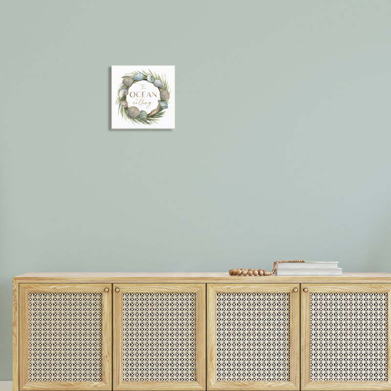 «The Ocean is Calling Quote», couronne de botanique, coquillages par Nan - impression, H 12 po x l 12 po x P 1,5 po
