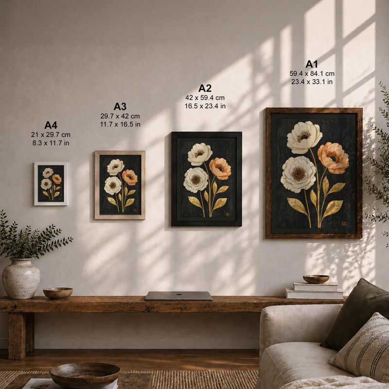Three Blooms Botanical - Framed Print, Unframed, A2 - 59.4 x 42.0 cm