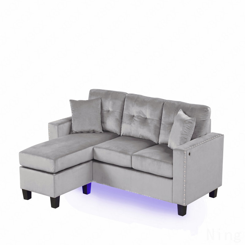 Sorenza 74"W Gray Velvet Reversible Sectional Sofa Chaise With Led Light, Usb Port, Nailhead Trim, Throw Pillows, Tufted Cushion