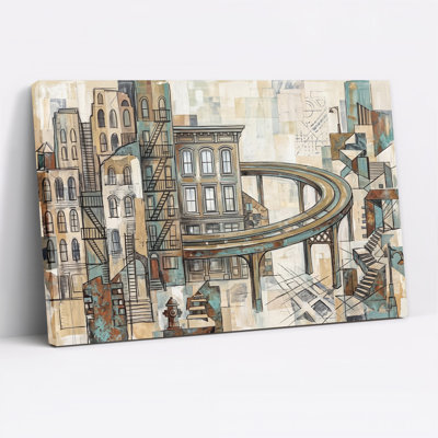 Tableau sur toile turquoise beige représentant des bâtiments urbains avec des voies surélevées incurvées et des escaliers.