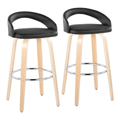 Tabouret de bar à hauteur fixe avec pivot en bois naturel et similicuir noir avec repose-pieds rond en métal chromé - ensemble de 2