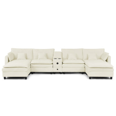 Modular L-Shaped Sectional Sofa with Reversible Chaise, USB Port, Storage Drawer, Flip-Top Cup Holder Console, Arm Pockets & Detachable Cushions-Beige