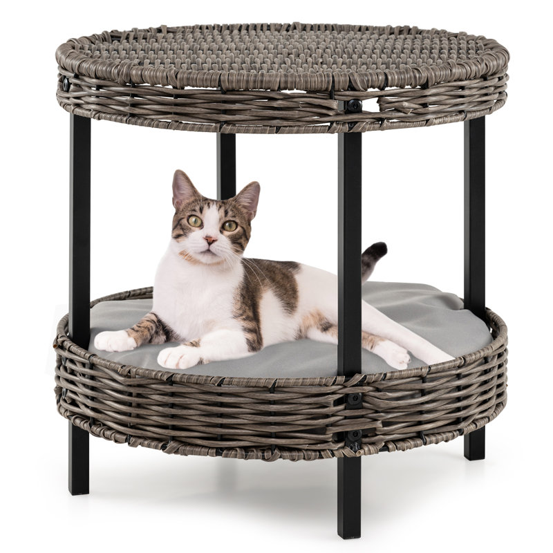  Nid de chat en rotin à 2 niveaux avec osier et coussin rembourré amovible pour la maison
