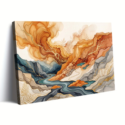 Abstract Desert Canyon River Landscape with Gold Accents Gallery Wrapped Canvas Wall Art