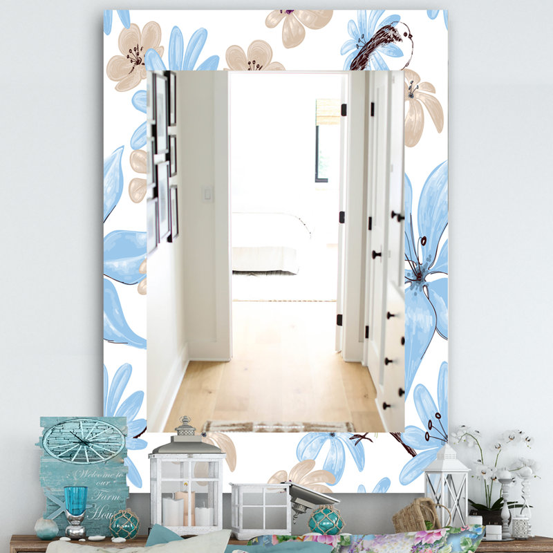 Dessin de fleurs avec un miroir mural traditionnel très oiseau, H 39,4 po x l 29,5 po