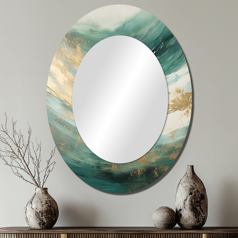 Doré et vert Soft Wave Fusion - Miroir décoratif abstrait ovale sur métal, 40 po x 30 po