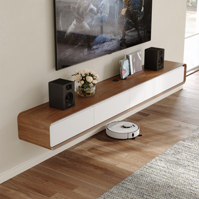  Floating TV Stand, Entertainment Center with 4 Drawers, Solid Wood, Fully-Assembled