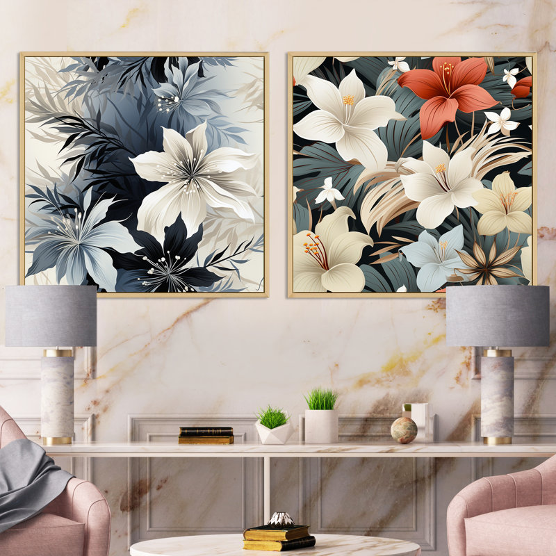Northfields - Ensemble de 2 collages carrés floraux, Cadre flottant brun, H 36 po x l 73 po
