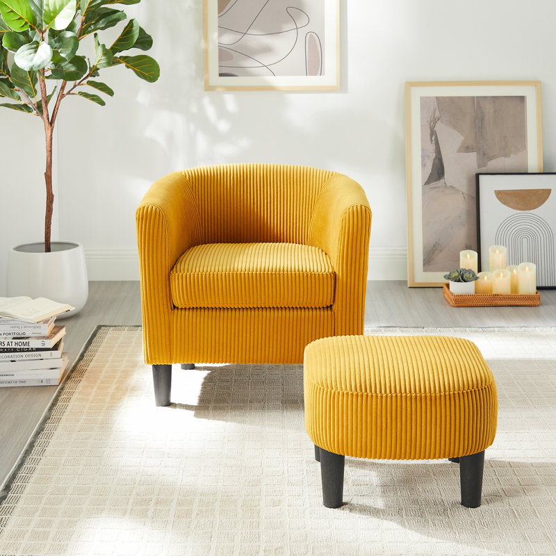 Upholstered Chair With Ottoman, Yellow Corduroy 1