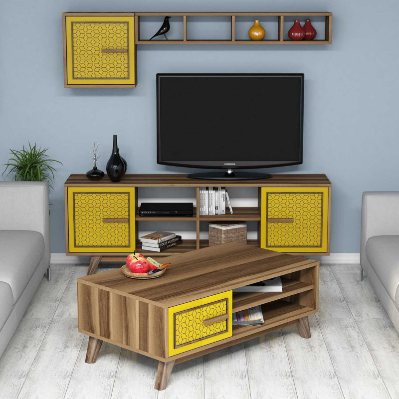 Winnie Unfinished Entertainment Centre for TVs up to 65", Yellow/Walnut