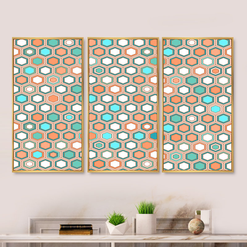 Motif hexagonal rétro III - reproduction de cadre photo sur toile 3 pièces, H 20 po x l 36 po x P 1 po, Cadre doré