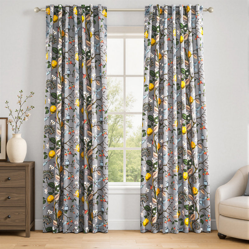 Fancy Hummingbird Patterned  Room Darkening Curtain,Rod Pocket Back Tab Floral Drapes,Set of 2, 52" W x 84" L, Gray
