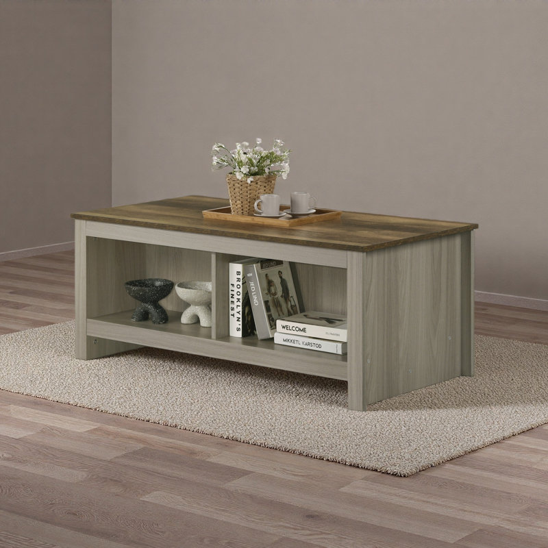43"W Gray Oak Coffee Table With Open Shelves Front And Back