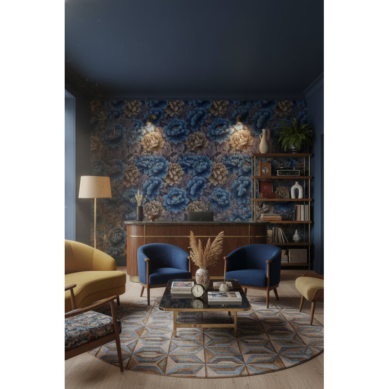 Papier peint floral, décoration murale rétro bleu foncé