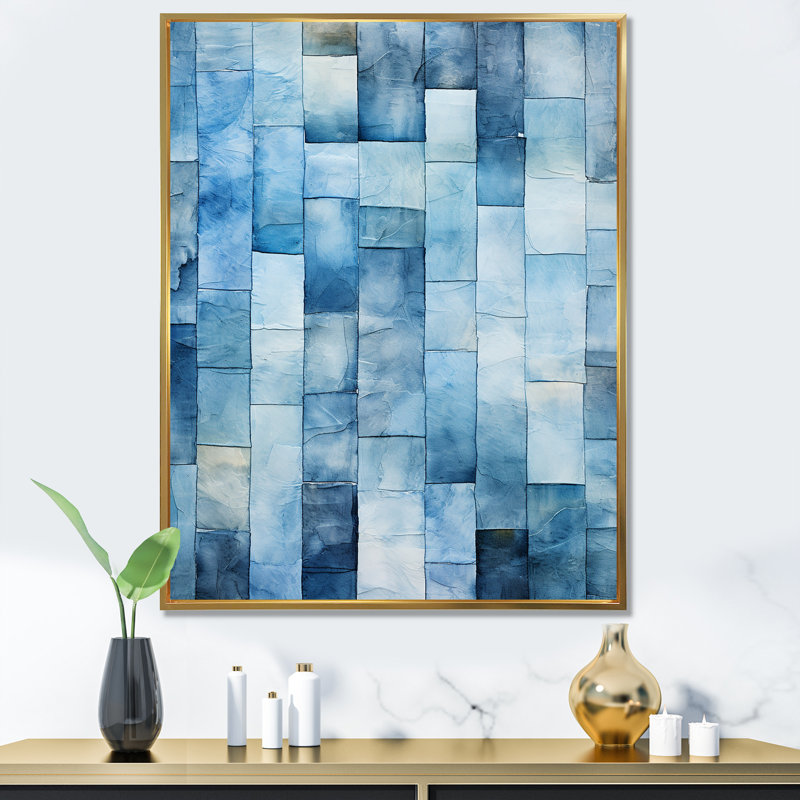 Carreaux scandinaves blancs et bleus V - art mural abstrait, H 40 po x l 30 po x P 1,5 po, Cadre flottant doré