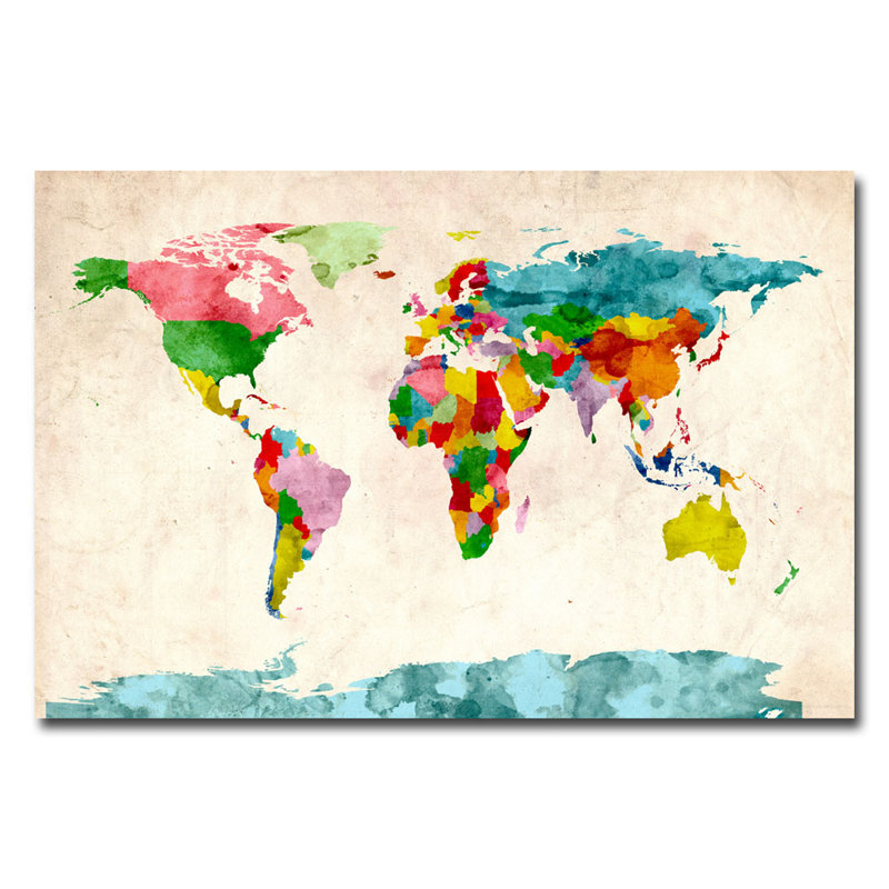 Large Multicolor Watercolor World Map Canvas Art