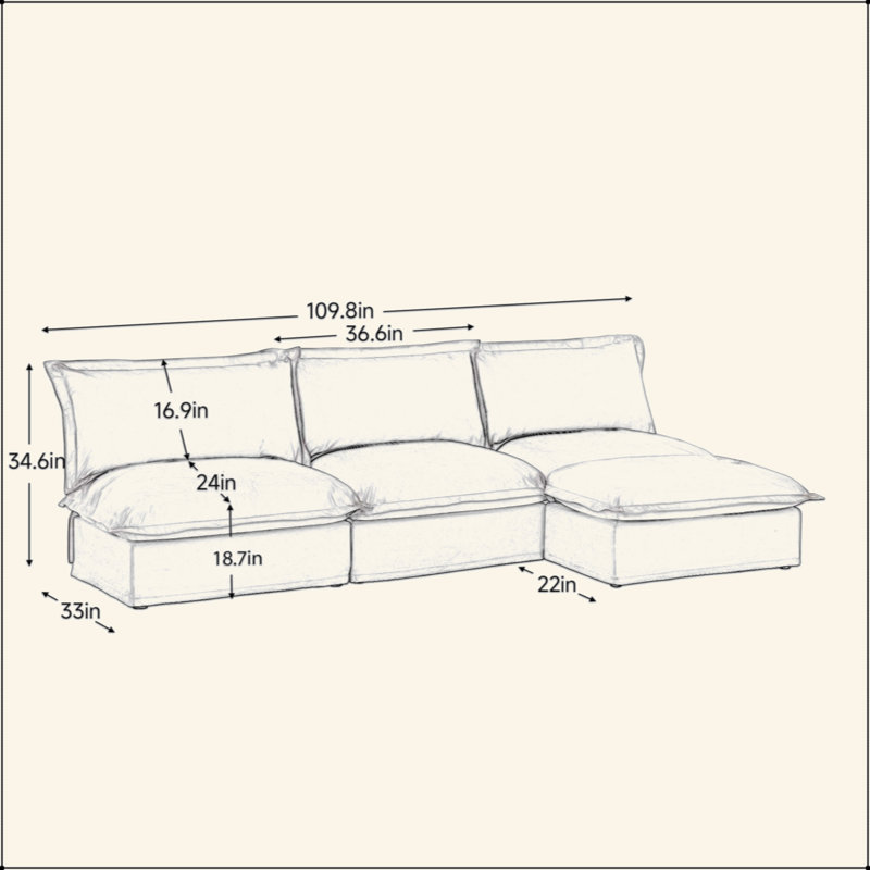 Canapé modulaire rembourré sans accoudoirs à 3 places avec repose-pieds réversible, canapé modulaire sans accoudoirs, tissu chenille